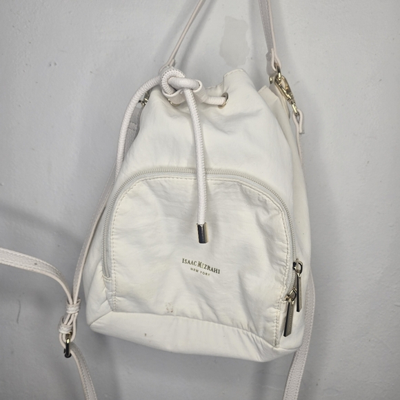 Isaac Mizrahi Handbags - Isaac Mizrahi Ivory Canvas Drawstring Bucket Style Handbag, Crossbody Purse